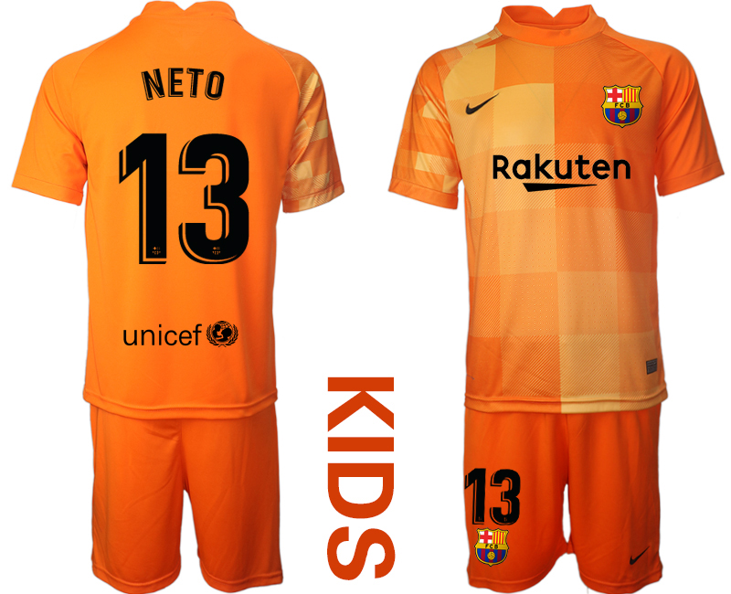 Youth 2021-2022 Club Barcelona orange red goalkeeper #13 Soccer Jersey